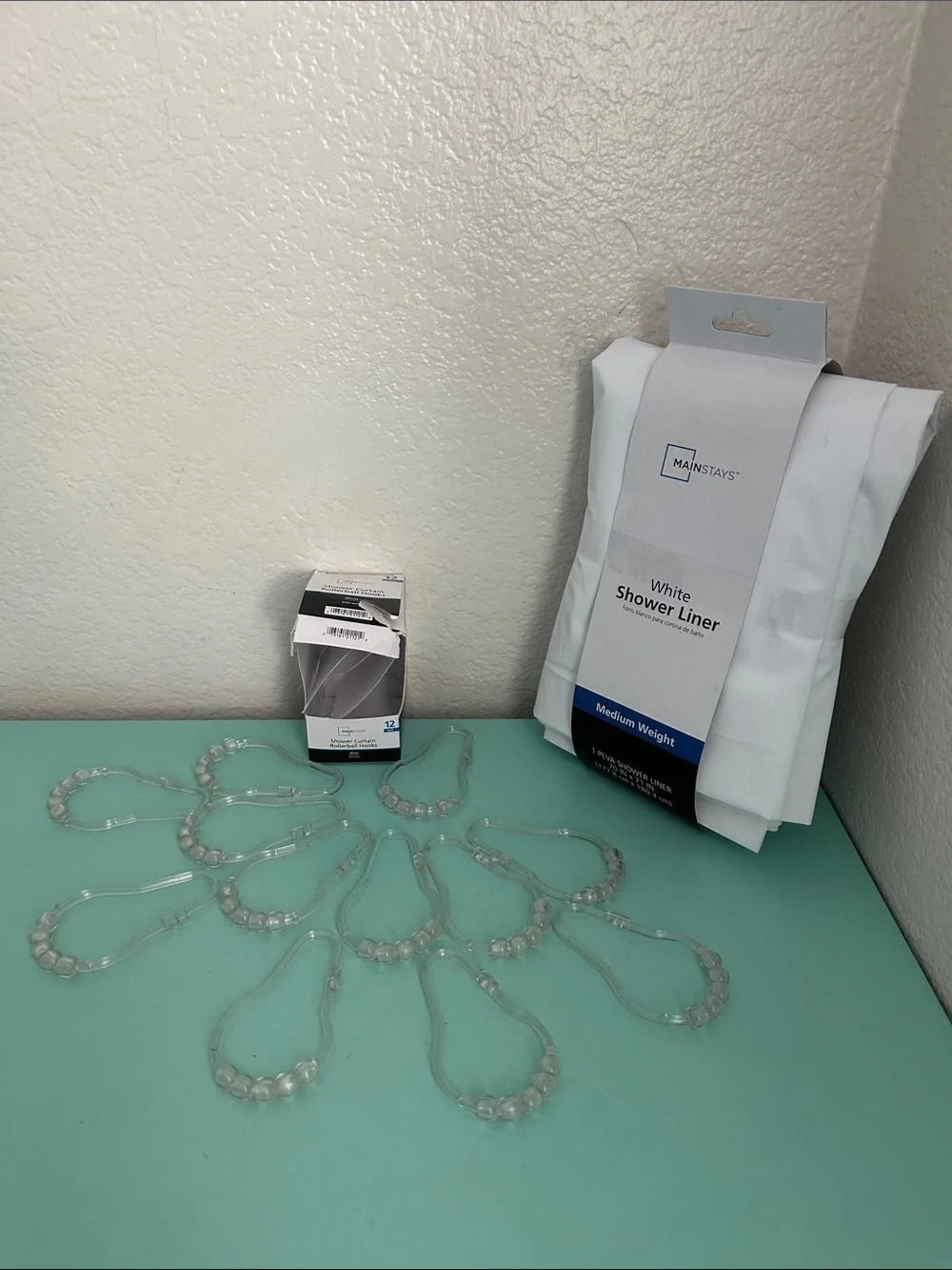 Mainstays bathroom utility accessories set of: a shower curtain & hooks-new.